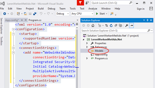 ADO.NET Dal klasse maken Models map toevoegen